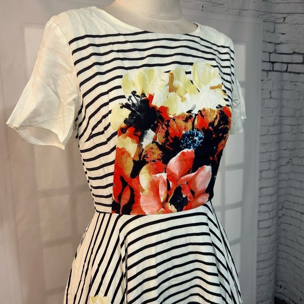 Anthropologie Cream Striped Midi Dress with Red & Pink Floral Print - Picture 4 of 11